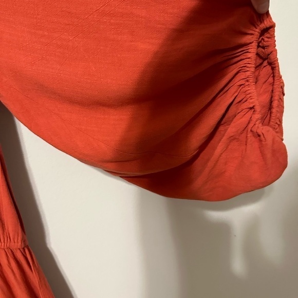 Umgee Brick Linen Long Puff Sleeve Cinched Waist Ruffle Hem Dress Size Small - Picture 5 of 10